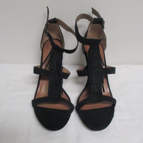 Christian Siriano Fringed Ankle Strap Statement Heels sz 8 Black Peep-Toe - Picture 4 of 9